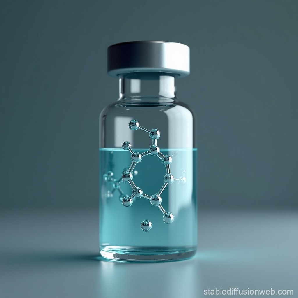 Vial of research peptide solution with a molecular structure illustration