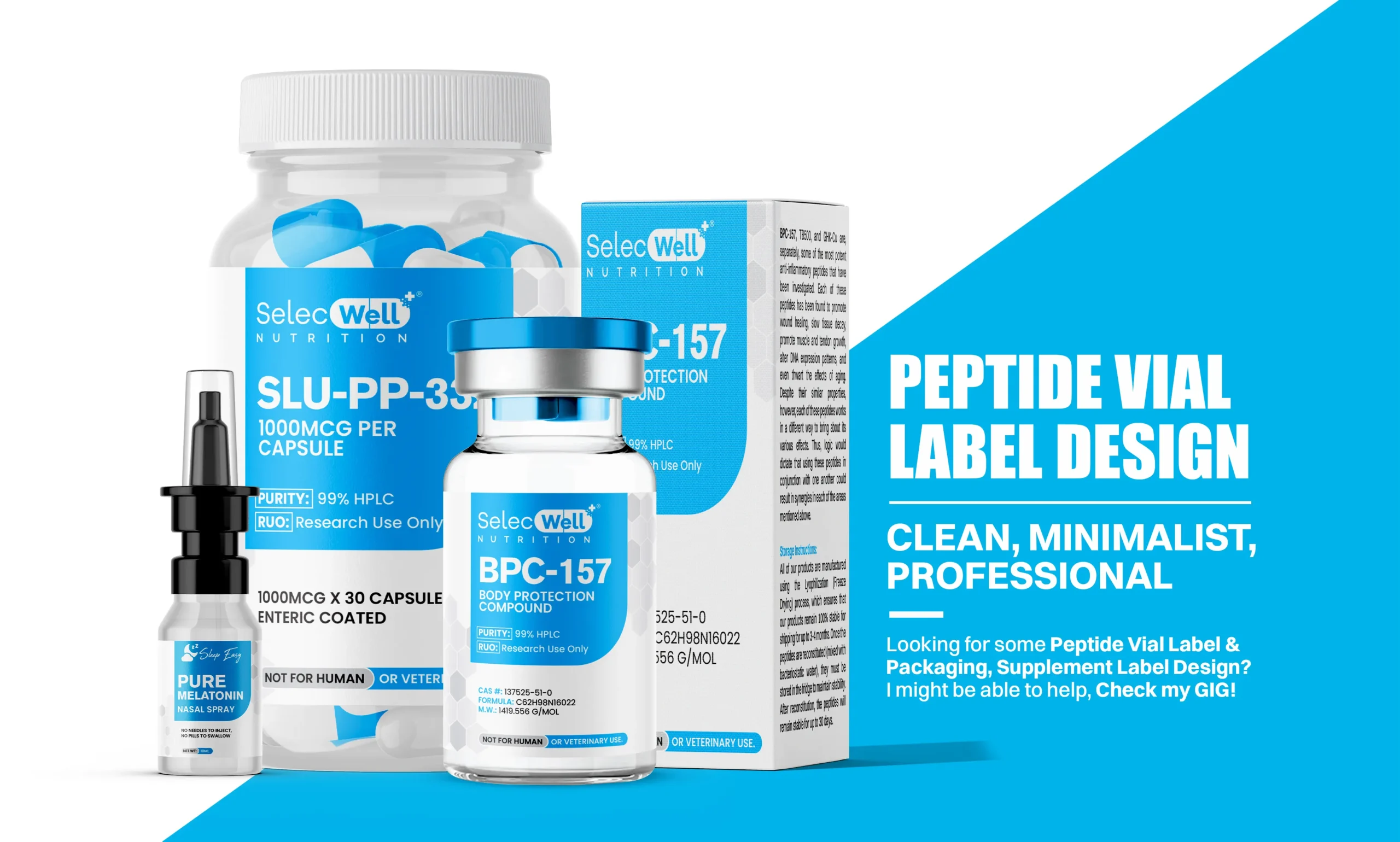Research peptide vials, bottles, and product packaging with labels